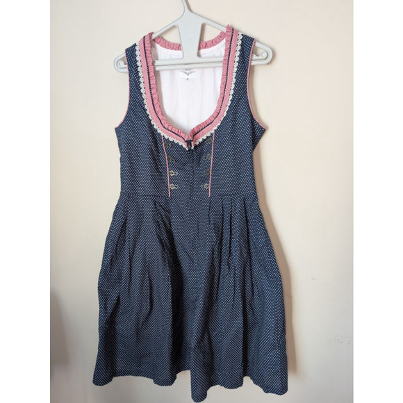 HIZITI Dresses & Skirts - HIZITI Blue Polka Dot Dirndl Dress with Red Trim, Size M, Oktoberfest, Women's